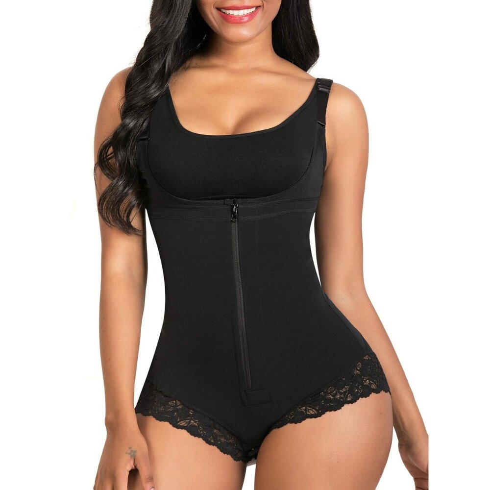 Black Body Shaper With Lace Trim & Zipper Closure For Women